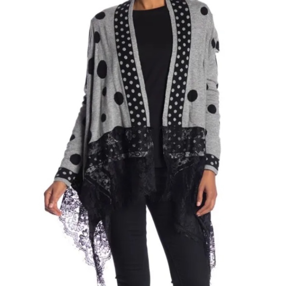 NWT Molly Bracken Polka Dot Knitted Lace Trim Open Front Cardigan One SIze